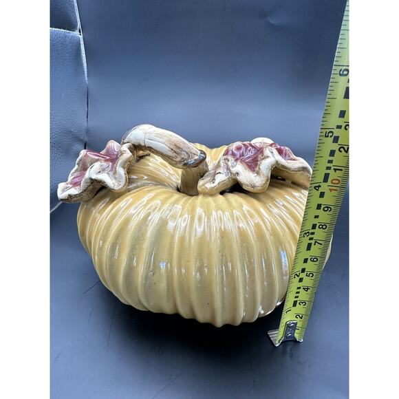 Large Lifelike Ceramic Pumpkin with Applied Leaves Golden Color Fall Decor 7" - Picture 7 of 8